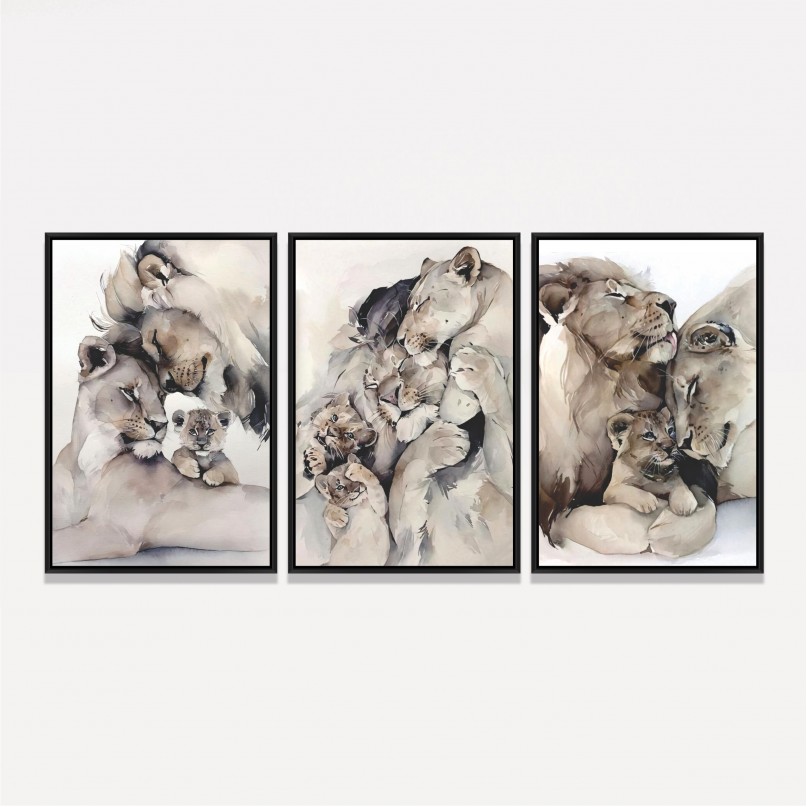 Quadro Leão Filhotes Kit Família Leonina Artístico - 3 Peças