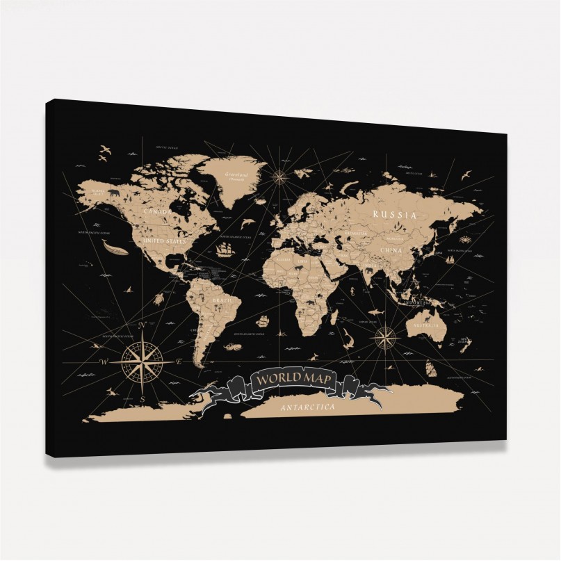 Quadro Mapa Mundi Vintage em Preto - World Map