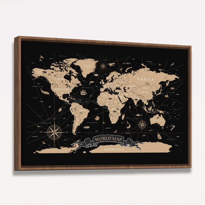 Quadro Mapa Mundi Vintage em Preto - World Map