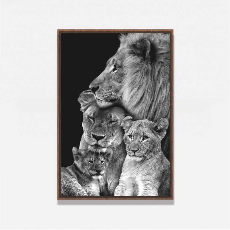 Quadro Leão Casal Família 2 Filhotes em Preto e Branco