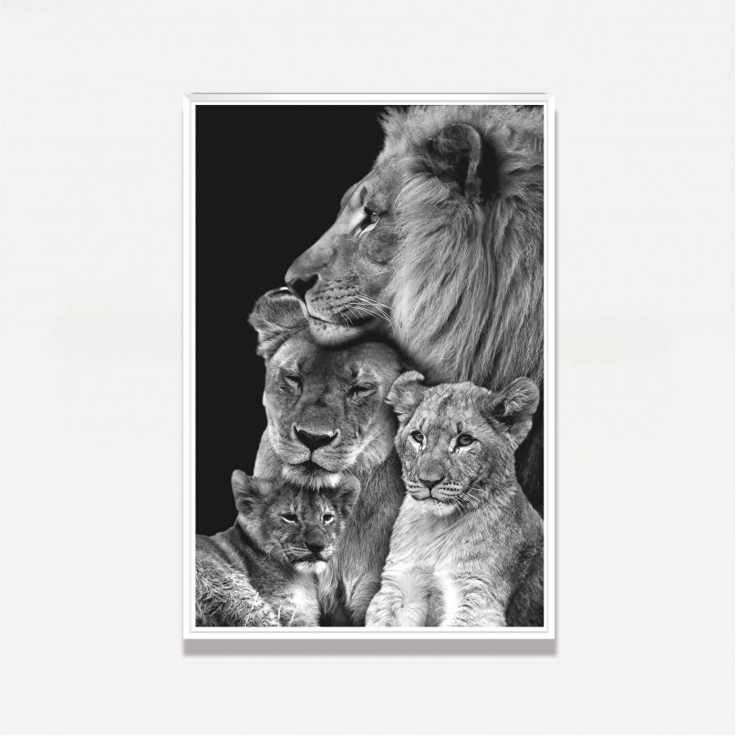 Quadro Leão Casal Família 2 Filhotes em Preto e Branco