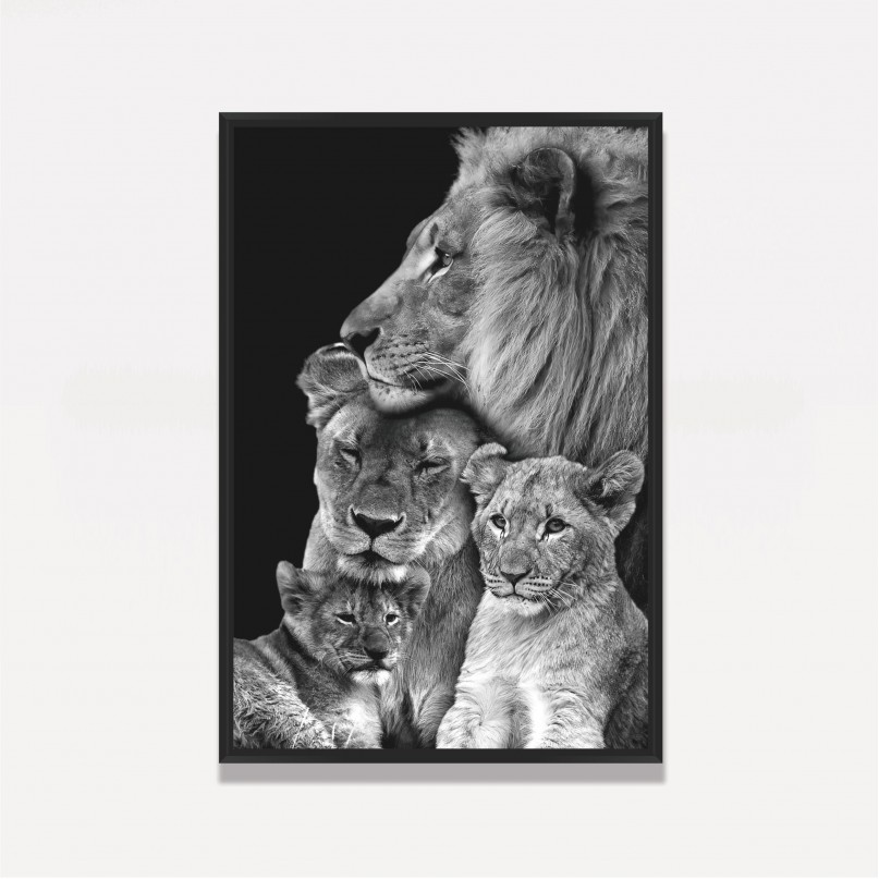Quadro Leão Casal Família 2 Filhotes em Preto e Branco