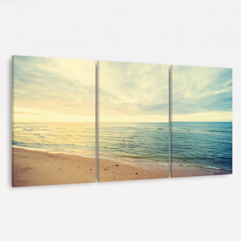 Quadro Praia Areia Mar Ao Nascer do Sol - 3 Peças