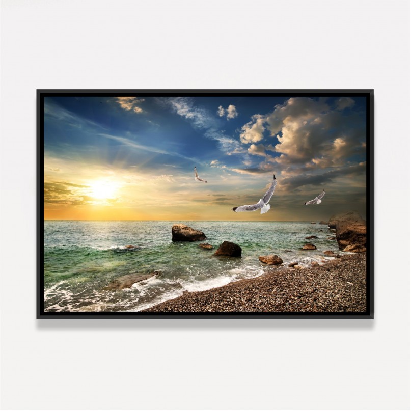 Quadro Praia Mar Pássaros ao Sol Radiante
