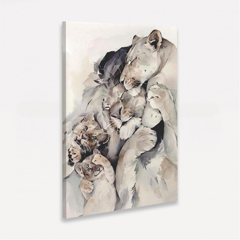 Quadro Leão Casal 2 Filhotes Amor de Família - Tela Artística