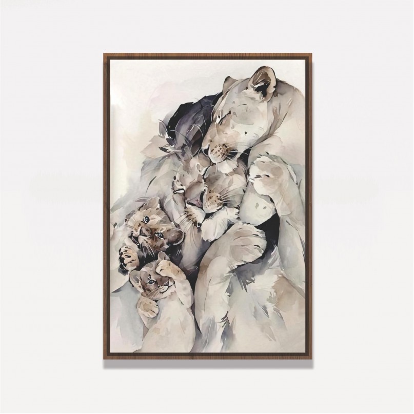 Quadro Leão Casal 2 Filhotes Amor de Família - Tela Artística