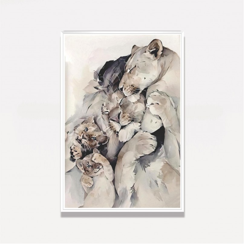 Quadro Leão Casal 2 Filhotes Amor de Família - Tela Artística