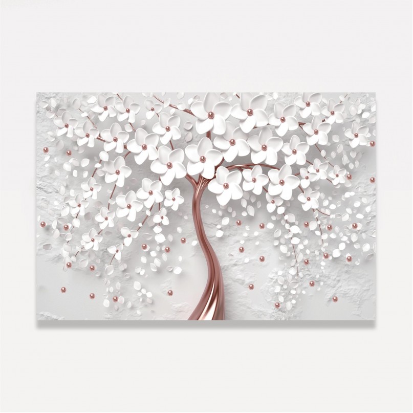 Quadro Decorativo Flores Cerejeira Branca e Rose Gold