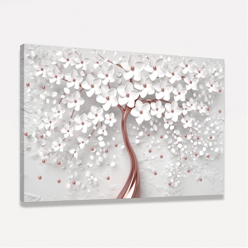 Quadro Decorativo Flores Cerejeira Branca e Rose Gold