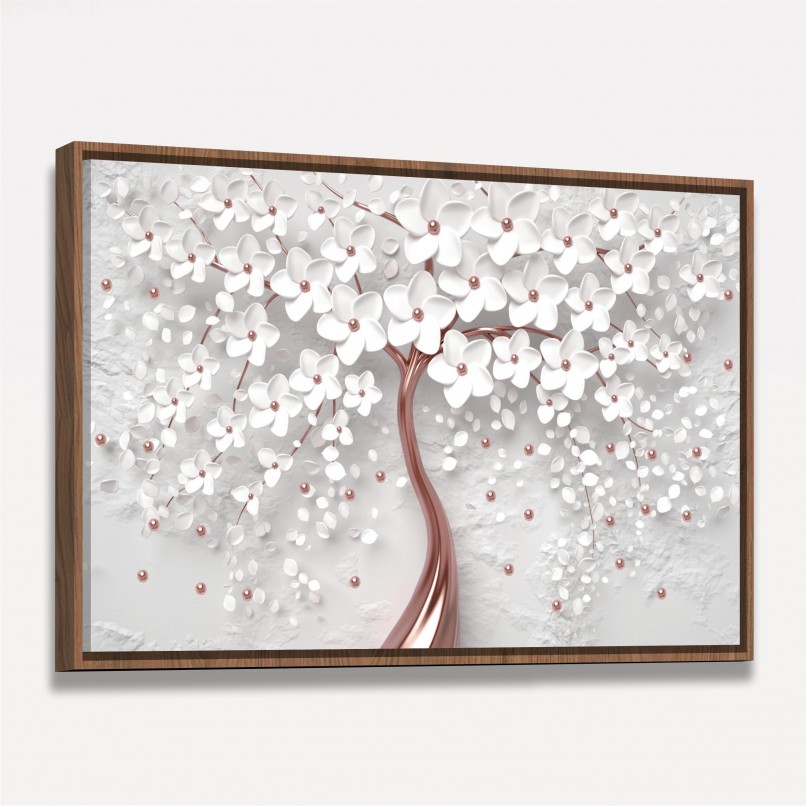 Quadro Decorativo Flores Cerejeira Branca e Rose Gold