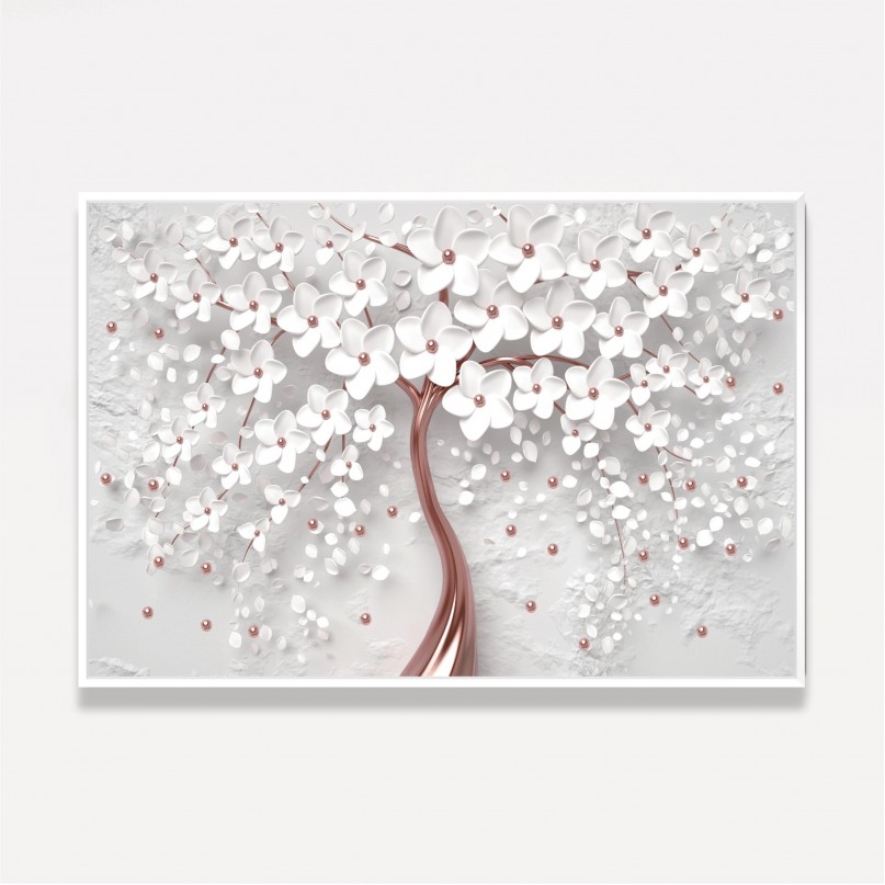Quadro Decorativo Flores Cerejeira Branca e Rose Gold
