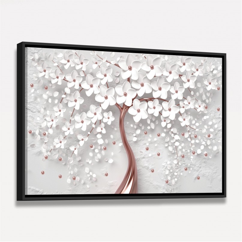 Quadro Decorativo Flores Cerejeira Branca e Rose Gold