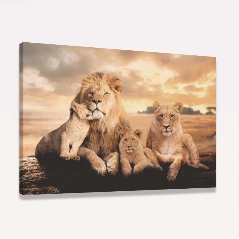 Quadro Família de Leões 2 Filhotes Artístico