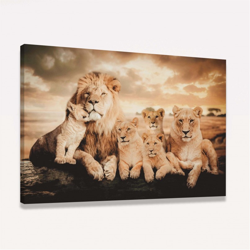 Quadro Família de Leões 4 Filhotes Artístico