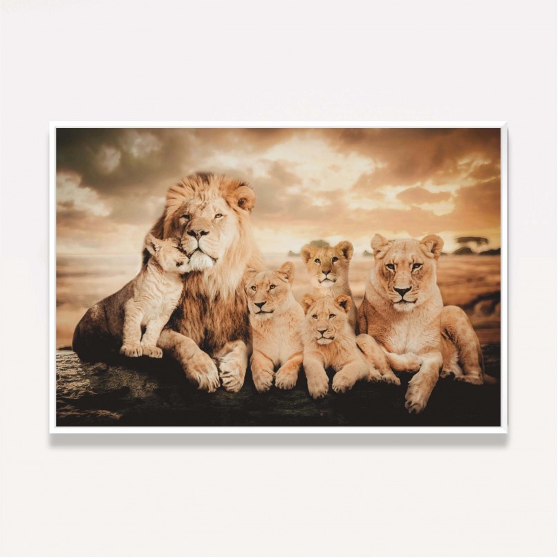 Quadro Família de Leões 4 Filhotes Artístico