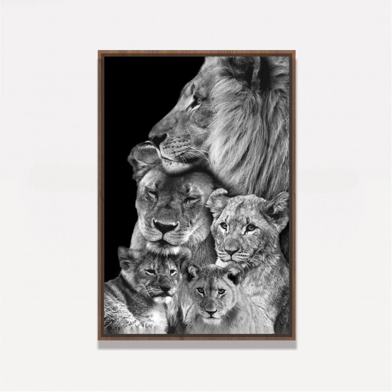 Quadro Leão Casal e Família 3 Filhotes em Preto e Branco