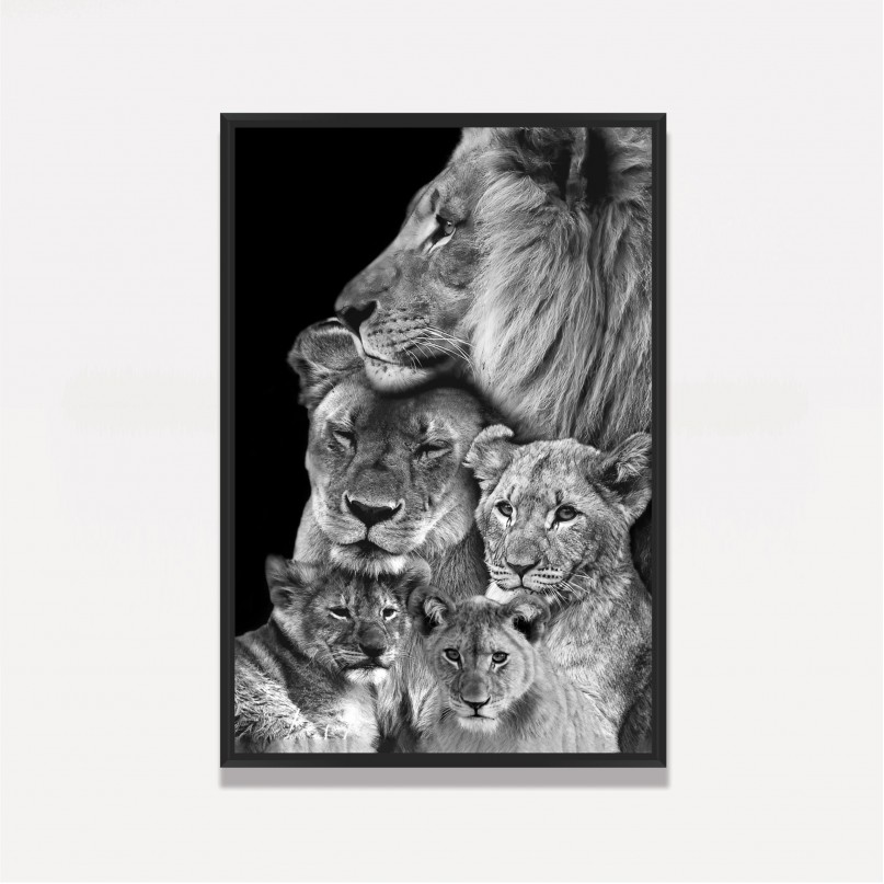 Quadro Leão Casal e Família 3 Filhotes em Preto e Branco