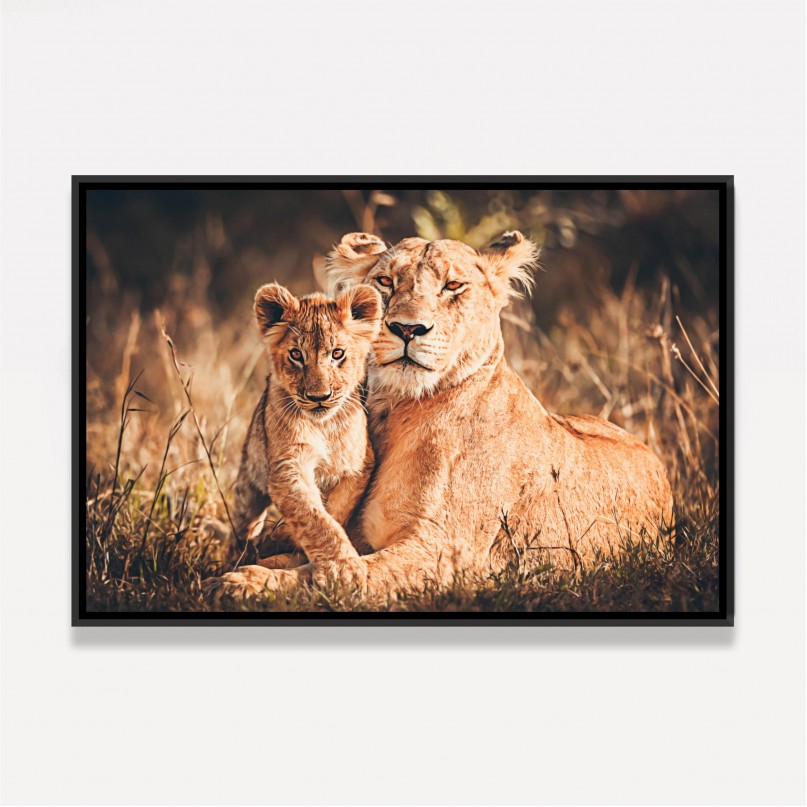 Quadro Leoa Mãe e Filhote Artístico