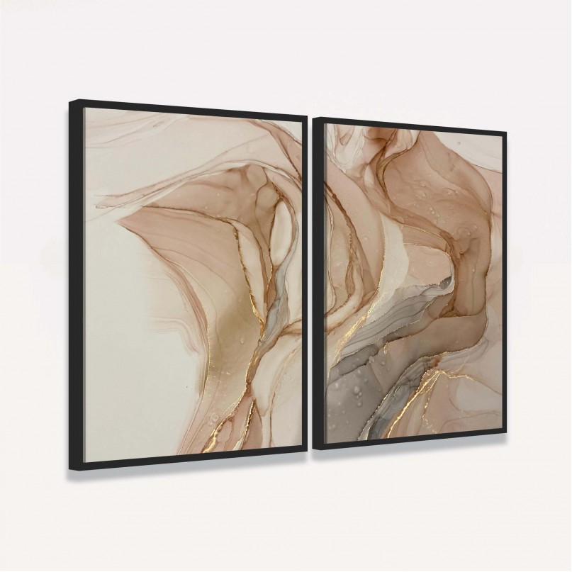 Quadro Abstrato Duo Alcohol Bege Marrom e Ouro