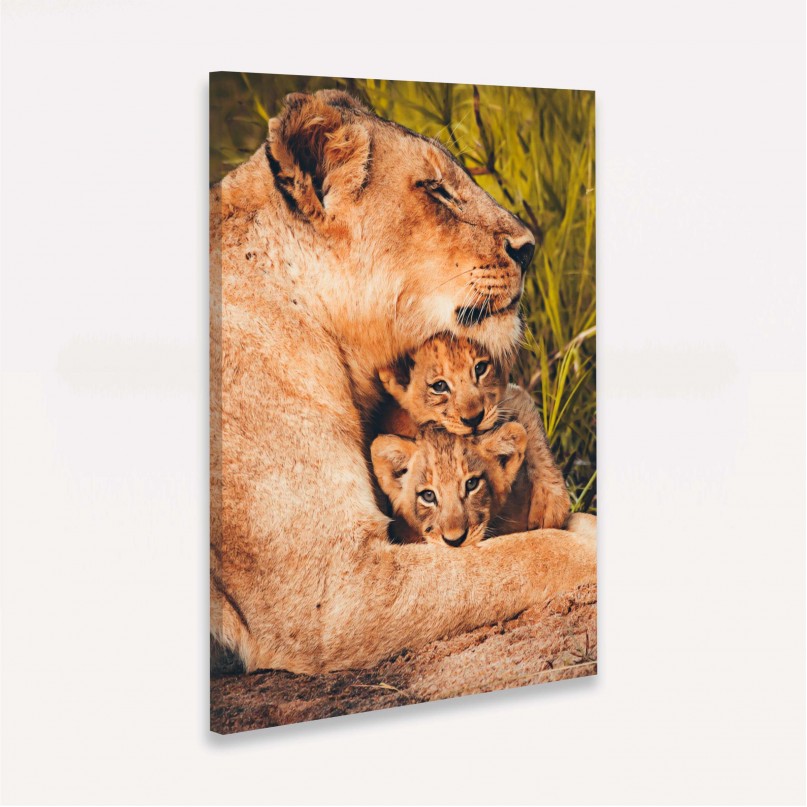 Quadro Leoa Família Amor Materno - 2 Filhotes