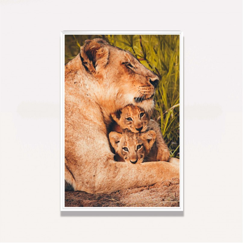 Quadro Leoa Família Amor Materno - 2 Filhotes