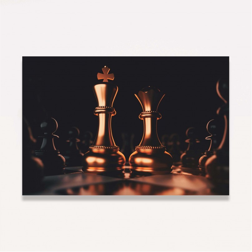 Quadro Xadrez Rei Rainha Dourado com Preto