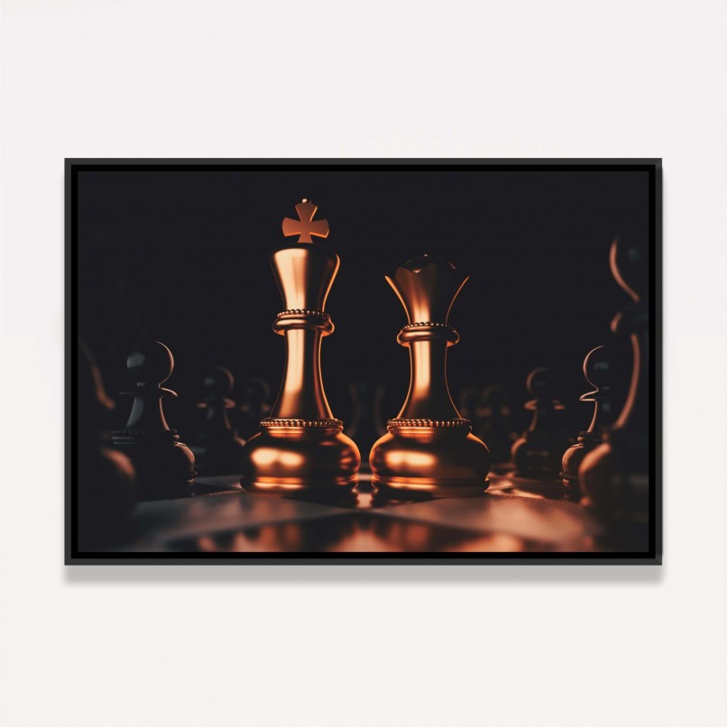 Quadro Xadrez Rei Rainha Dourado com Preto