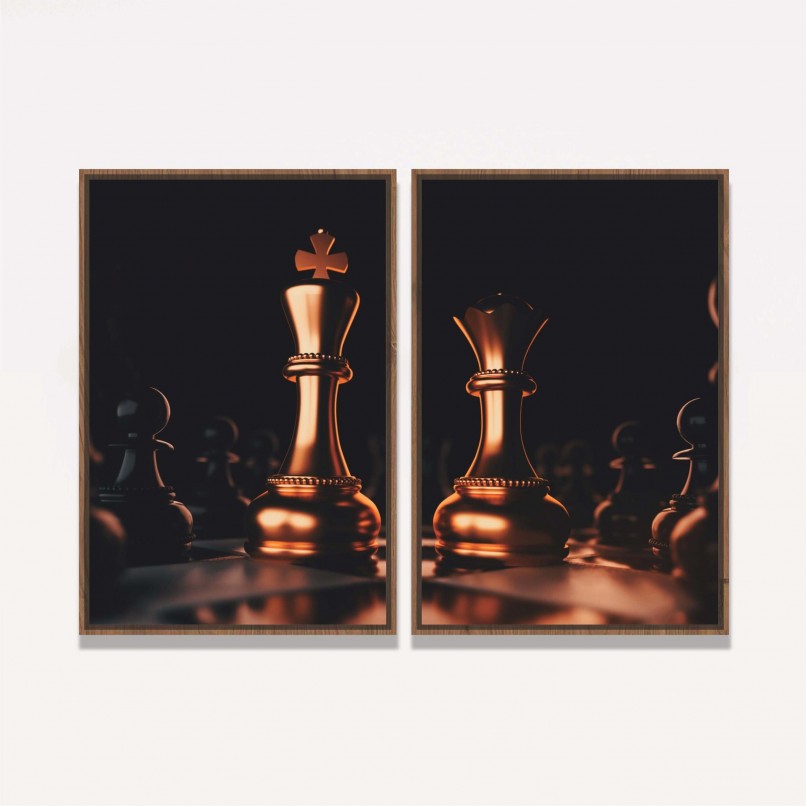 Quadro Xadrez Duo Rei Rainha Dourado com Preto