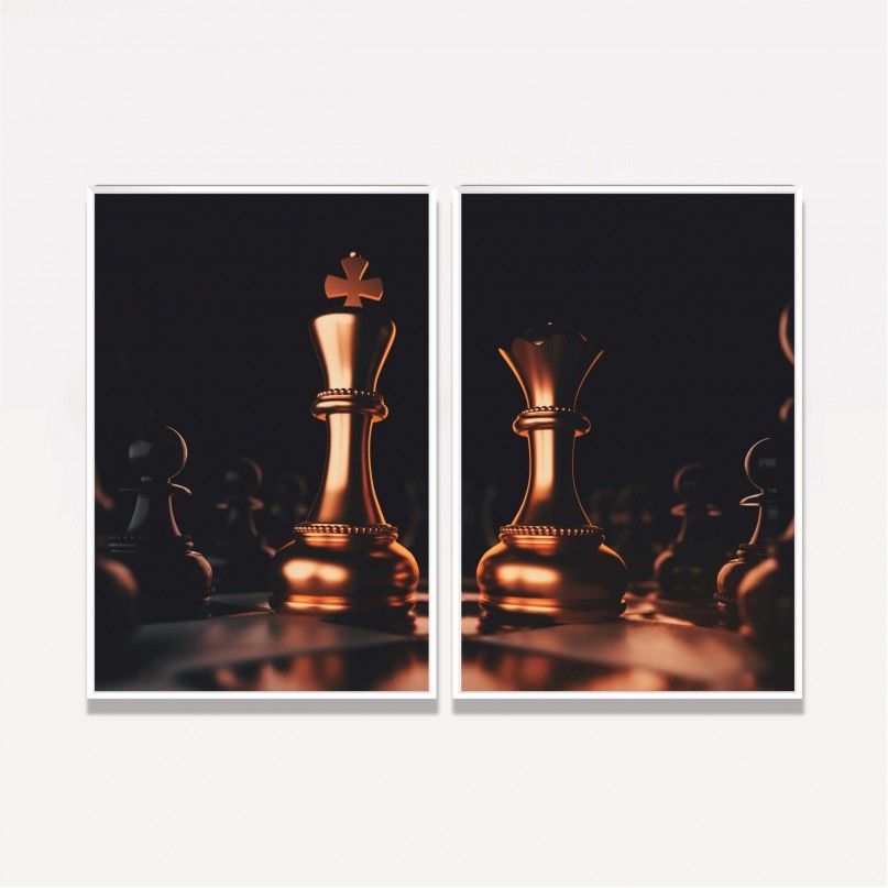 Quadro Xadrez Duo Rei Rainha Dourado com Preto