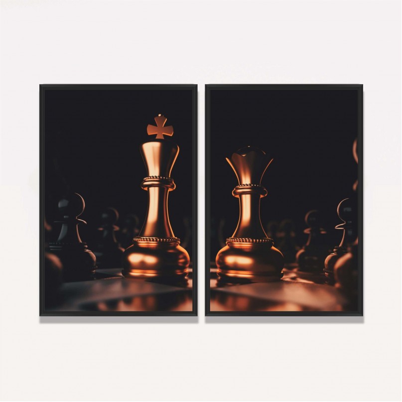 Quadro Xadrez Duo Rei Rainha Dourado com Preto