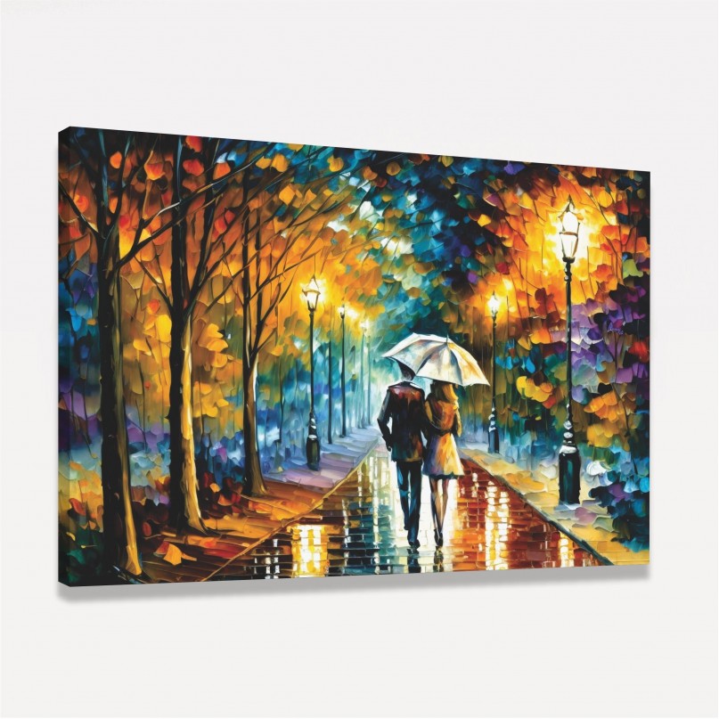 Quadro Casal Amor Sob a Chuva Abstrato Pinceladas 