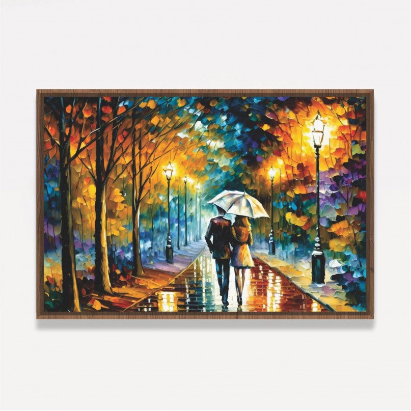 Quadro Casal Amor Sob a Chuva Abstrato Pinceladas 