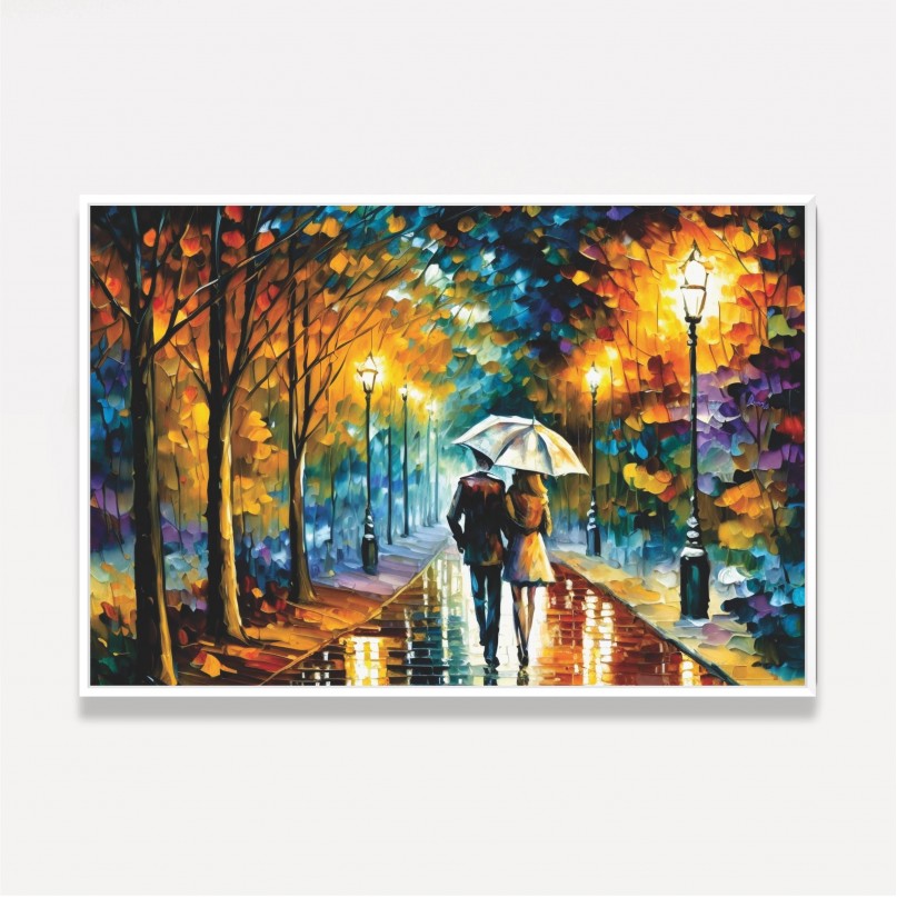 Quadro Casal Amor Sob a Chuva Abstrato Pinceladas 