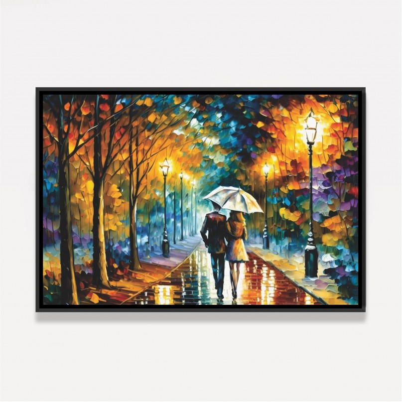 Quadro Casal Amor Sob a Chuva Abstrato Pinceladas 
