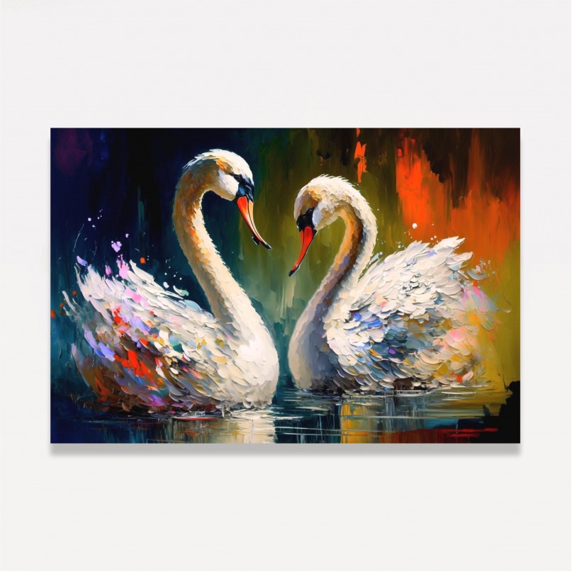 Quadro Casal de Cisnes Amor  Pinceladas Coloridas