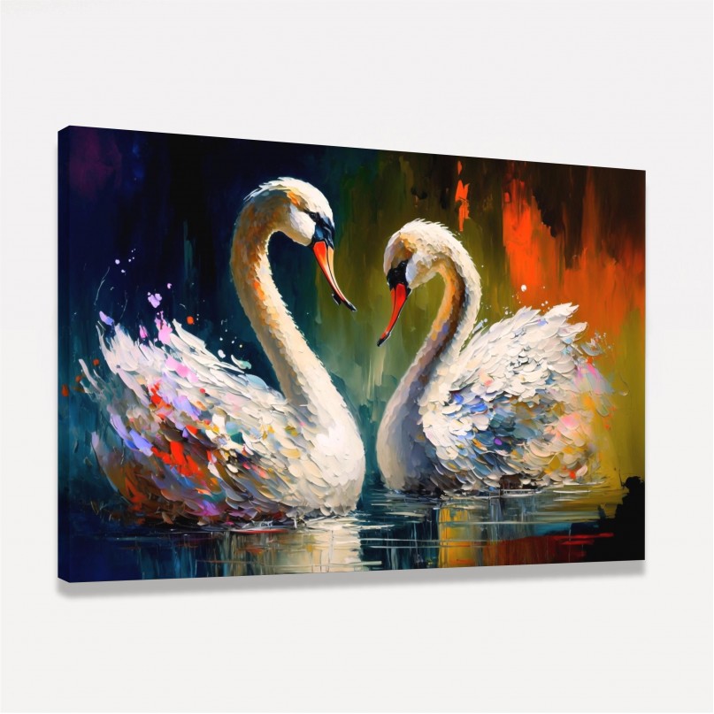 Quadro Casal de Cisnes Amor  Pinceladas Coloridas