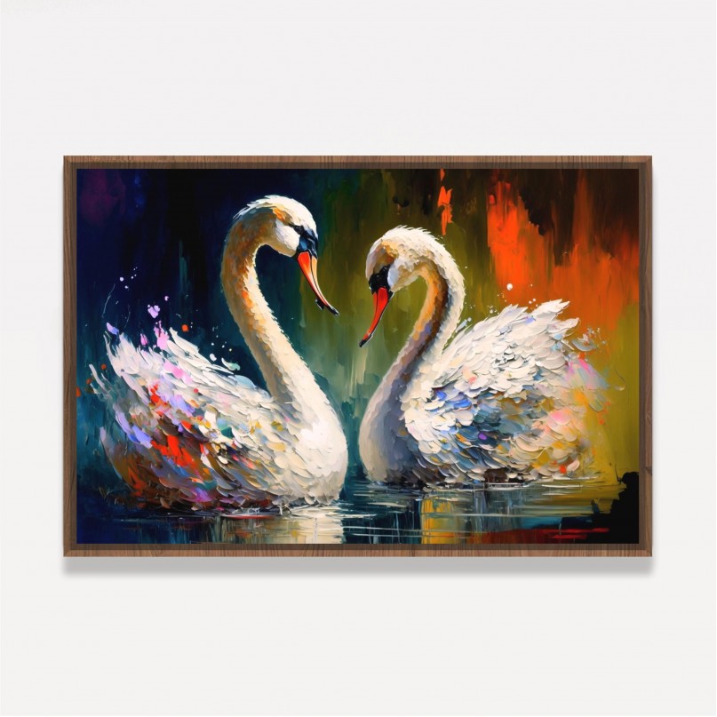 Quadro Casal de Cisnes Amor  Pinceladas Coloridas