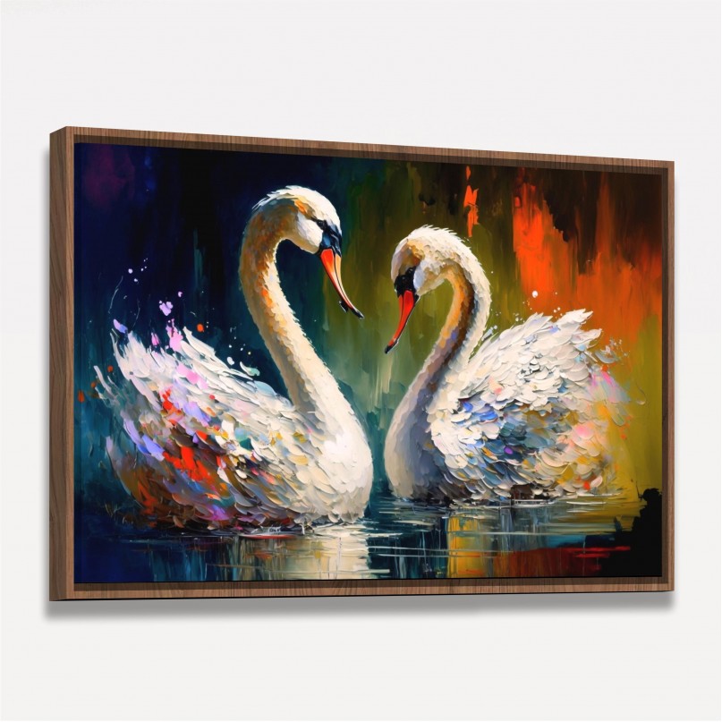 Quadro Casal de Cisnes Amor  Pinceladas Coloridas