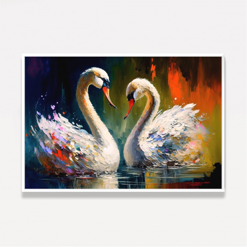 Quadro Casal de Cisnes Amor  Pinceladas Coloridas