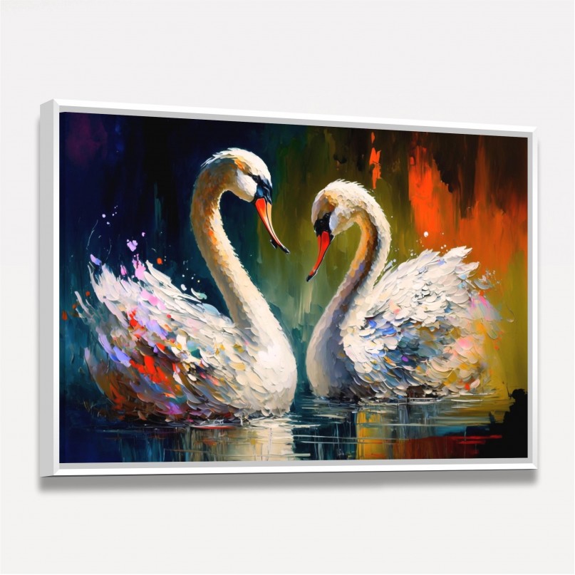 Quadro Casal de Cisnes Amor  Pinceladas Coloridas