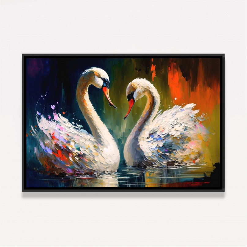 Quadro Casal de Cisnes Amor  Pinceladas Coloridas