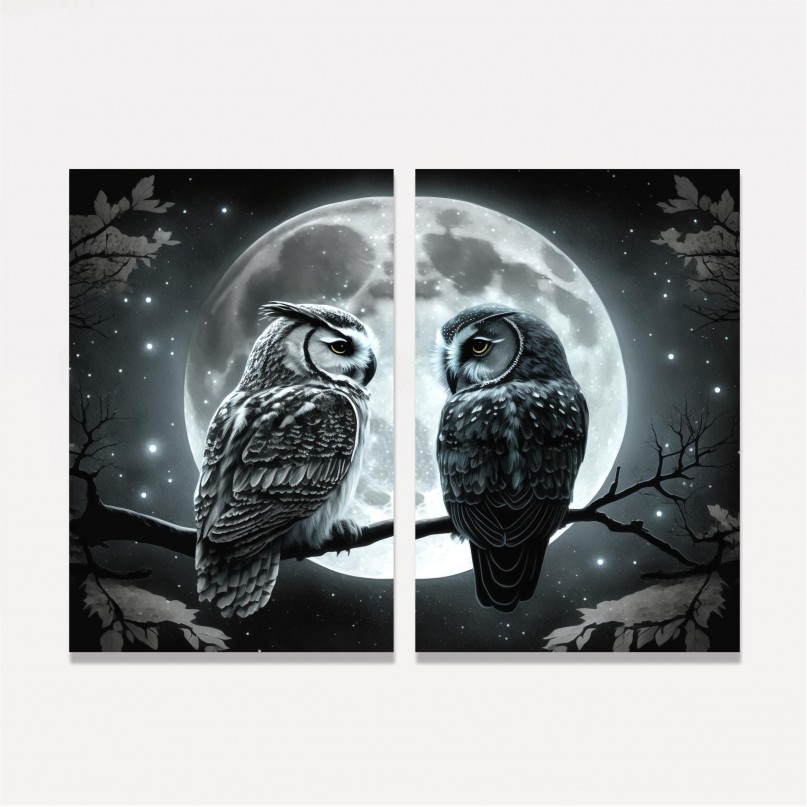 Quadro Casal Corujas Amor Noturno ao Luar 