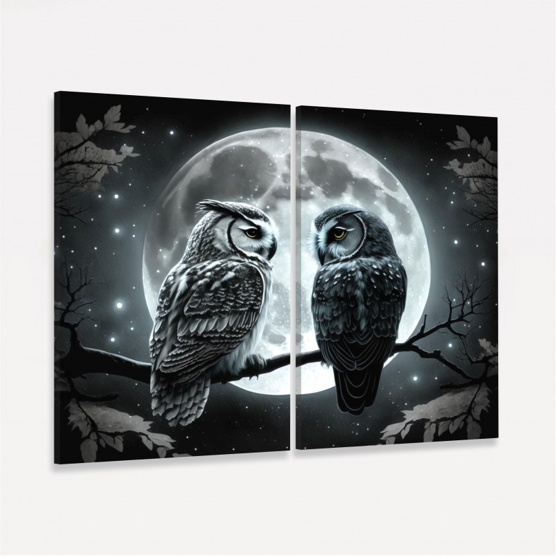 Quadro Casal Corujas Amor Noturno ao Luar 
