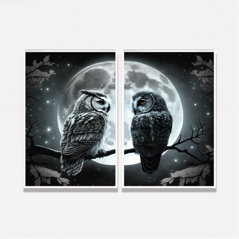 Quadro Casal Corujas Amor Noturno ao Luar 