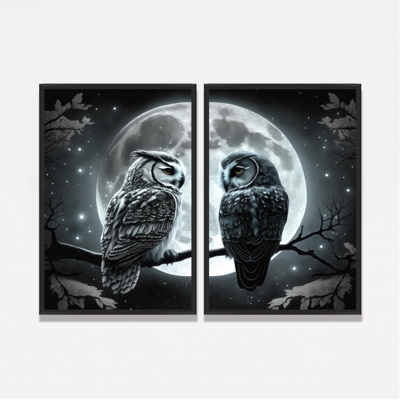 Quadro Casal Corujas Amor Noturno ao Luar 