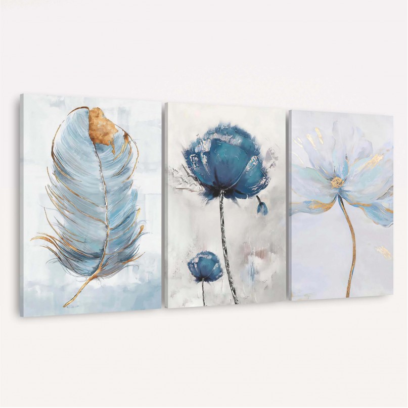 Quadro Arte Abstrata Trio Flores em Azul com Pena Sutil