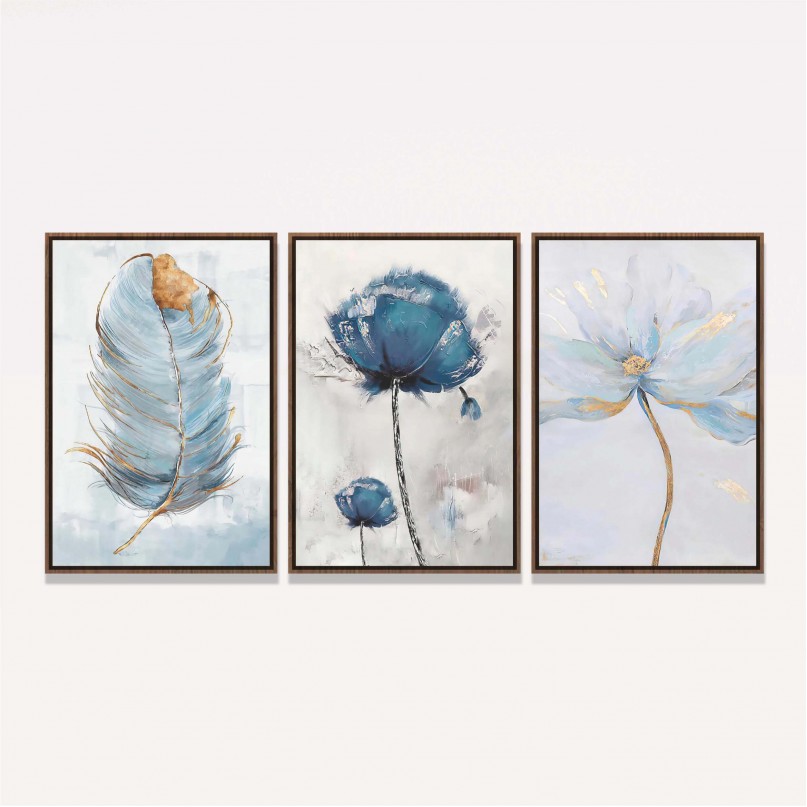 Quadro Arte Abstrata Trio Flores em Azul com Pena Sutil