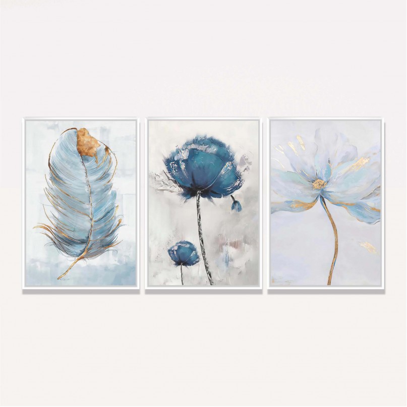 Quadro Arte Abstrata Trio Flores em Azul com Pena Sutil