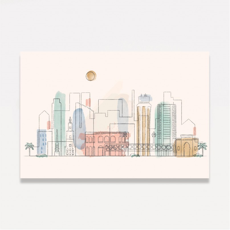 Quadro Málaga City Skyline Aquarela
