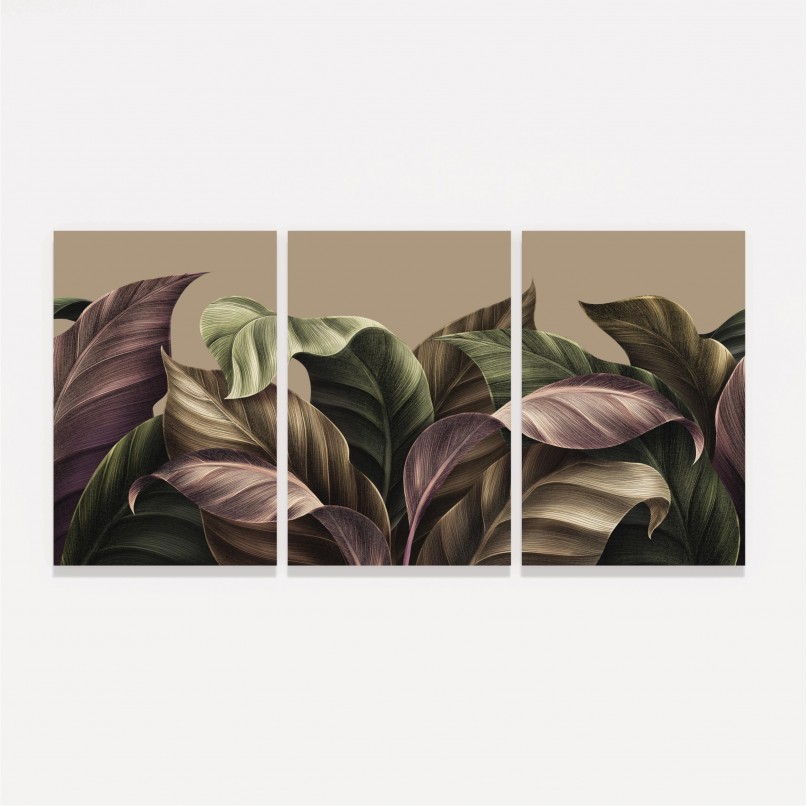 Quadro Trio Tropical Green Brown Leaves